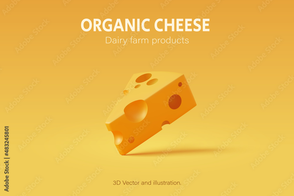 3D Cheese put on yellow background, Food and daily farm product