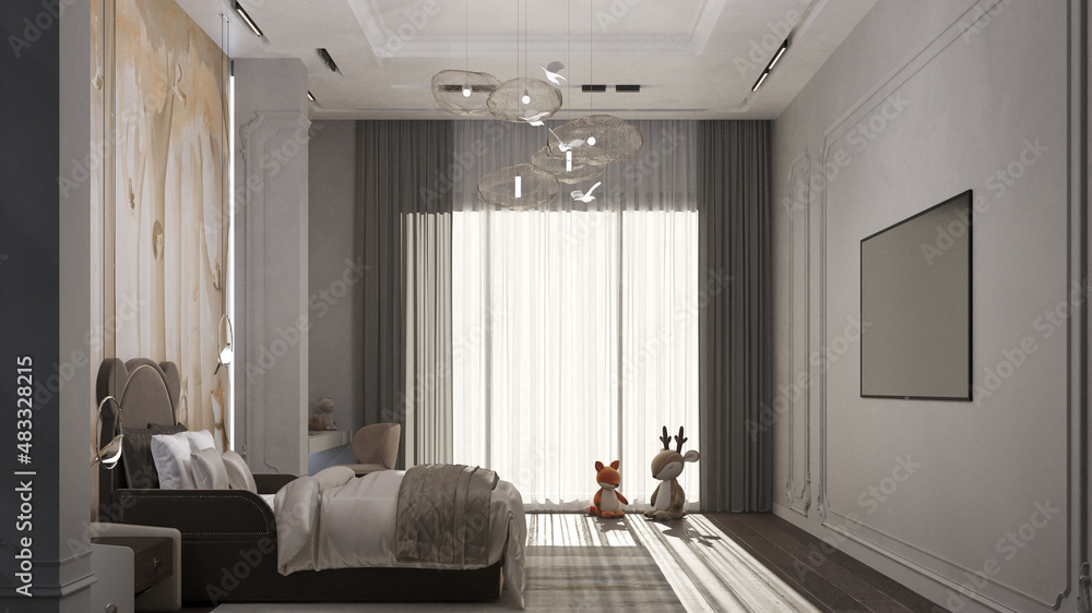 Luxury children room design. 3D render. Interior visualization. Illustration.