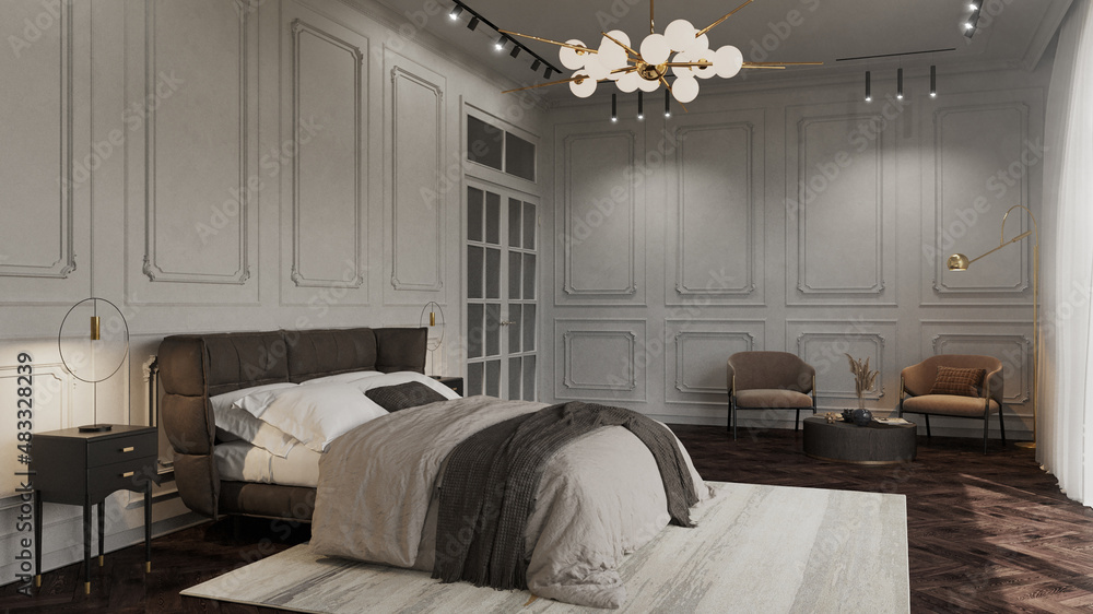 Luxury bed room apartment design. 3D render. Interior visualization. Illustration.