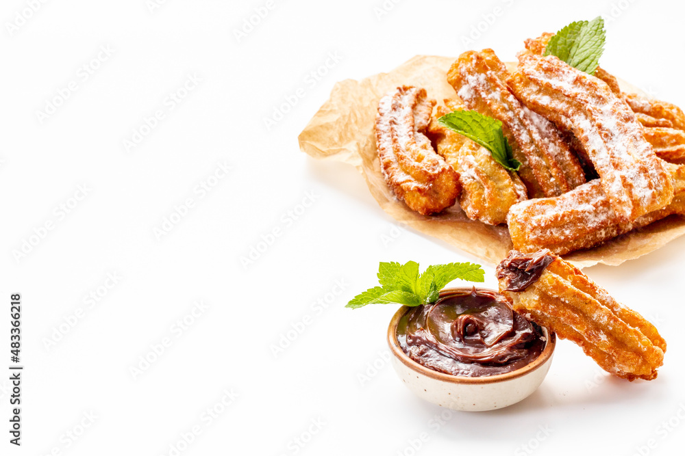 Spanish churros waffles with chocolate and sugar