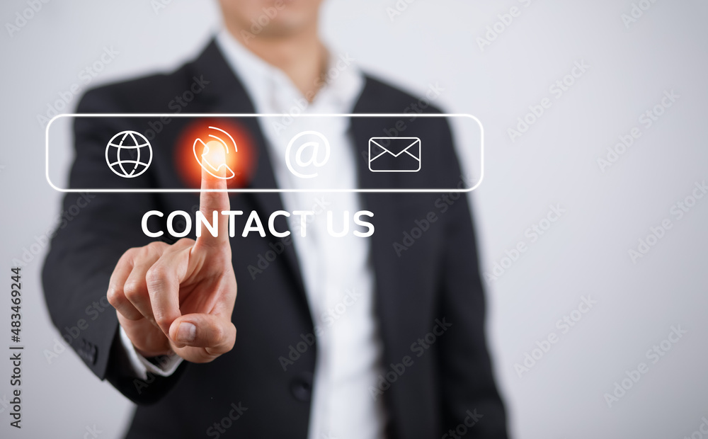 Concept communication and Contact us or Customer support hotline people connect. Business hand touch