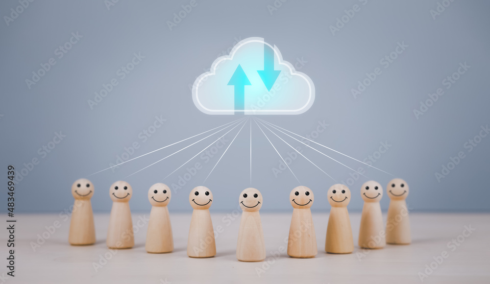 Cloud icon with wooden people and network, Backup Storage Data Internet, networking and digital, Sha