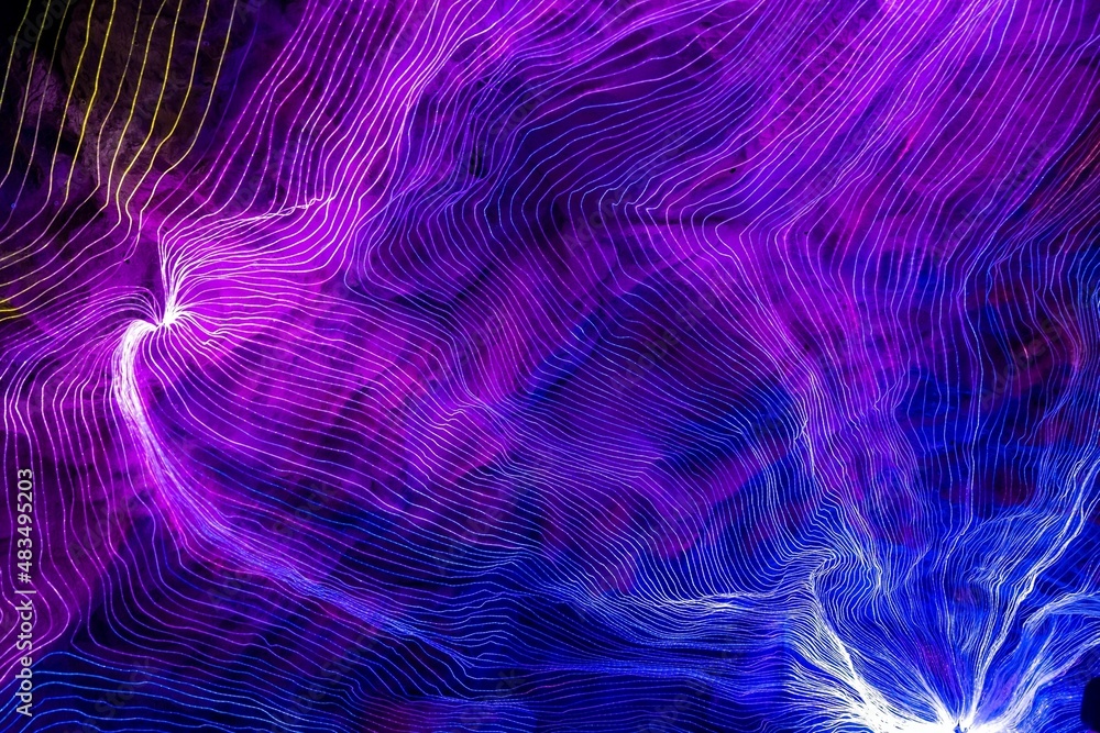 Abstract wave of digital weave lines connecting network dots and dark background . Modern 3D mesh pa