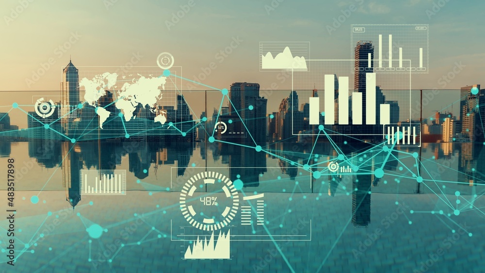 Business data analytic interface fly over smart city showing alteration future of business intellige