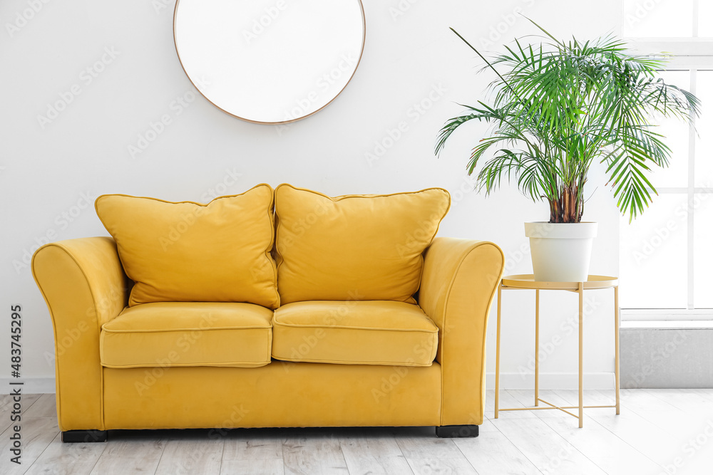 Comfy yellow sofa and table with houseplant near light wall