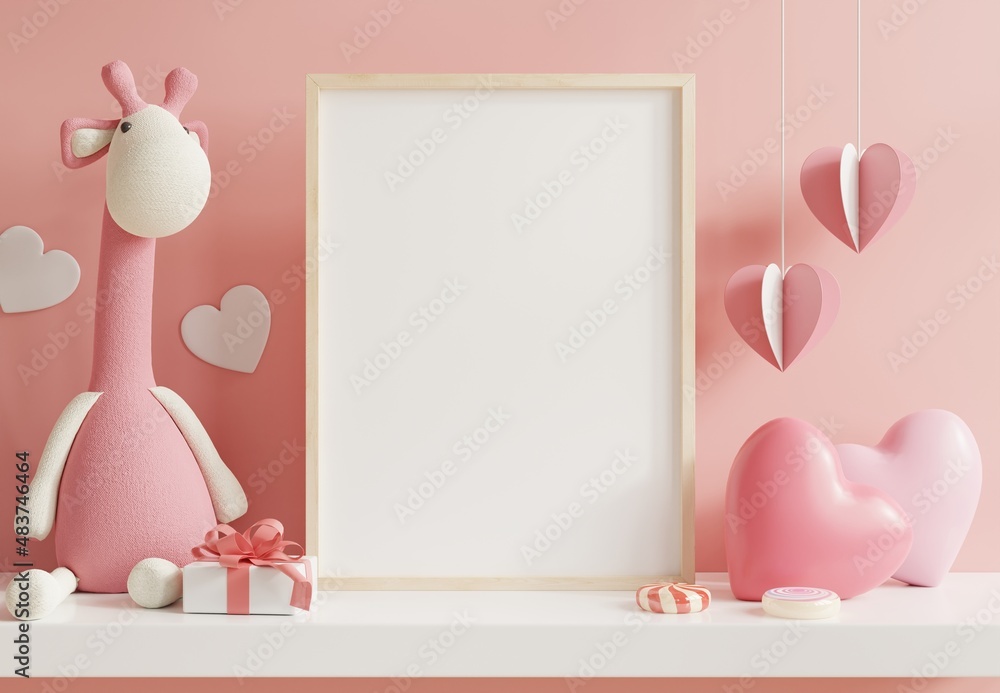 Mock up poster frame in children room,kids room,Valentines day.