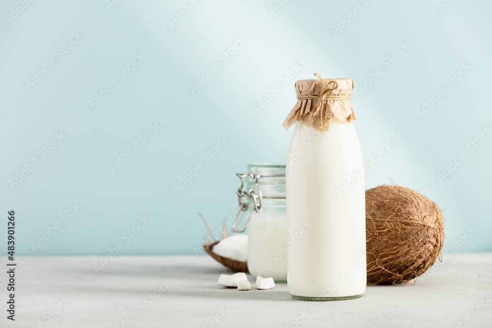 Coconut products set - milk, oil, fresh coconut-