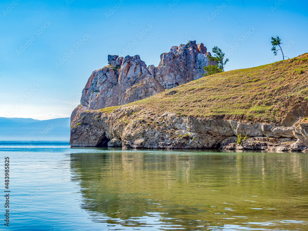 View of steep shore lake Baikal at the sunny day.