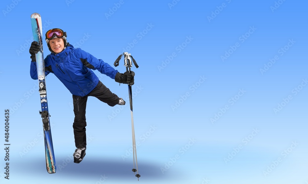 Full body skier smiling happy fun cool woman wearing warm jacket