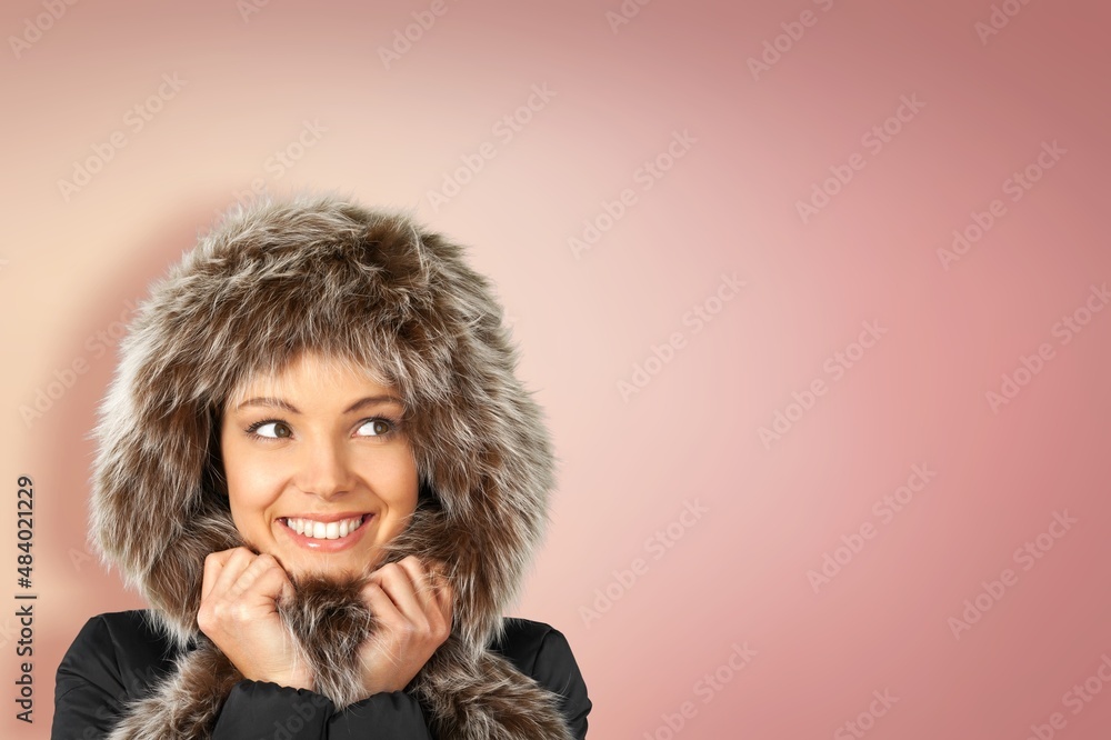 Shocked surprised amazed young woman have fun enjoy warm clothes