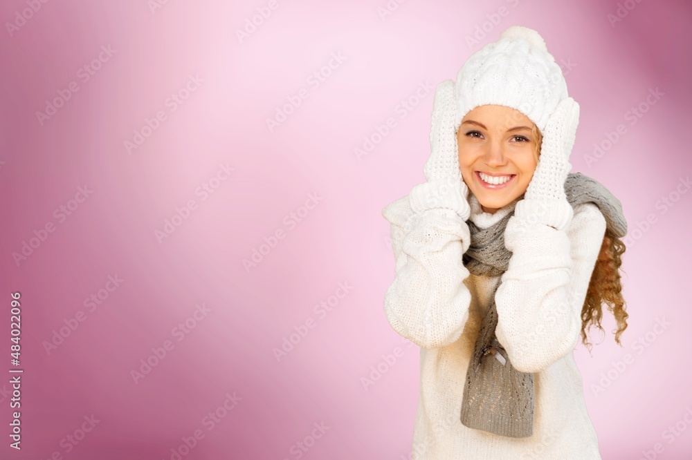 Shocked surprised amazed young woman have fun enjoy warm clothes