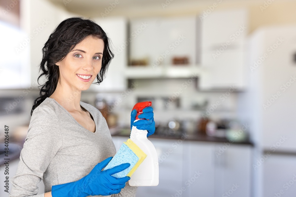 Photo of pretty adorable house wife cleaning kitchen indoors room home house