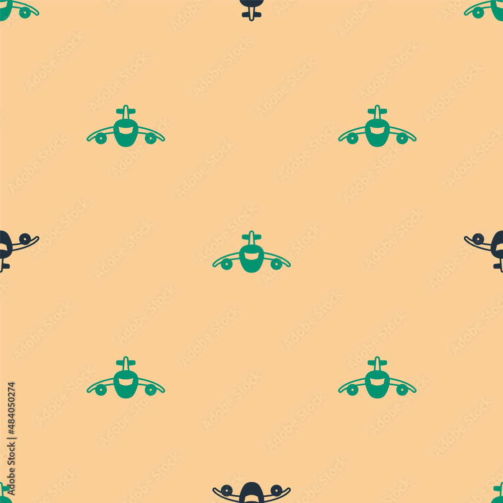 Green and black Plane icon isolated seamless pattern on beige background. Flying airplane icon. Airl