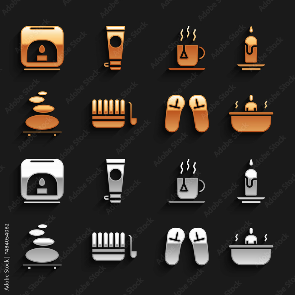 Set Sauna bucket and ladle, Burning candle, Bathtub, Slipper, Stack hot stones, Cup of tea with tea 