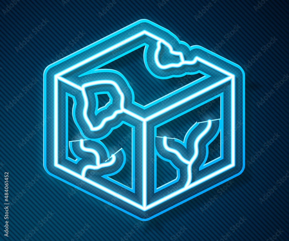 Glowing neon line Isometric cube icon isolated on blue background. Geometric cubes solid icon. 3D sq