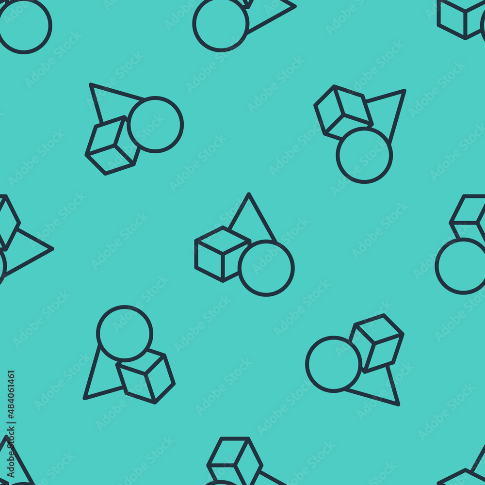 Black line Basic geometric shapes icon isolated seamless pattern on green background. Vector