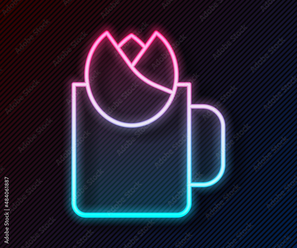 Glowing neon line Cup of tea with rose icon isolated on black background. Vector