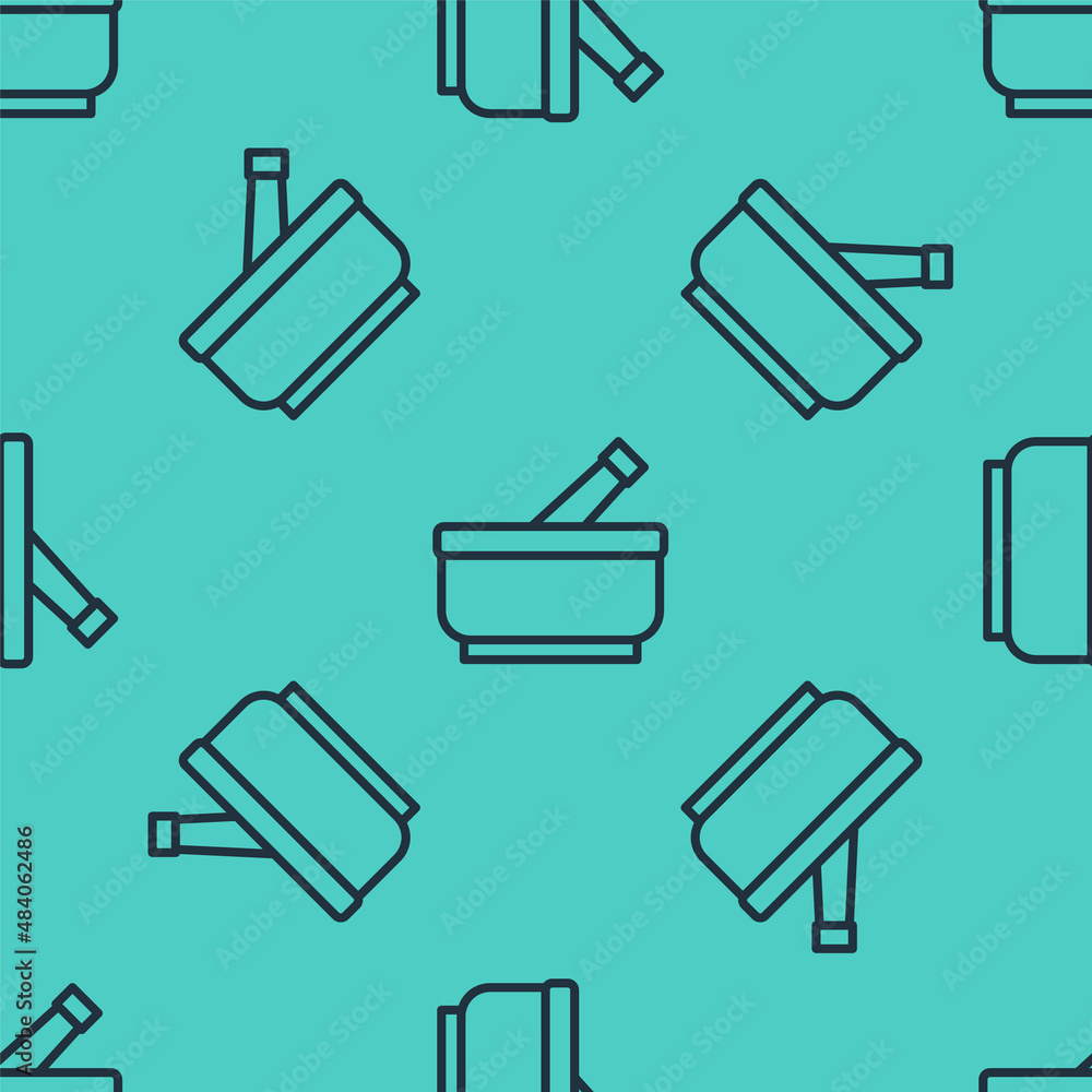 Black line Mortar and pestle icon isolated seamless pattern on green background. Vector