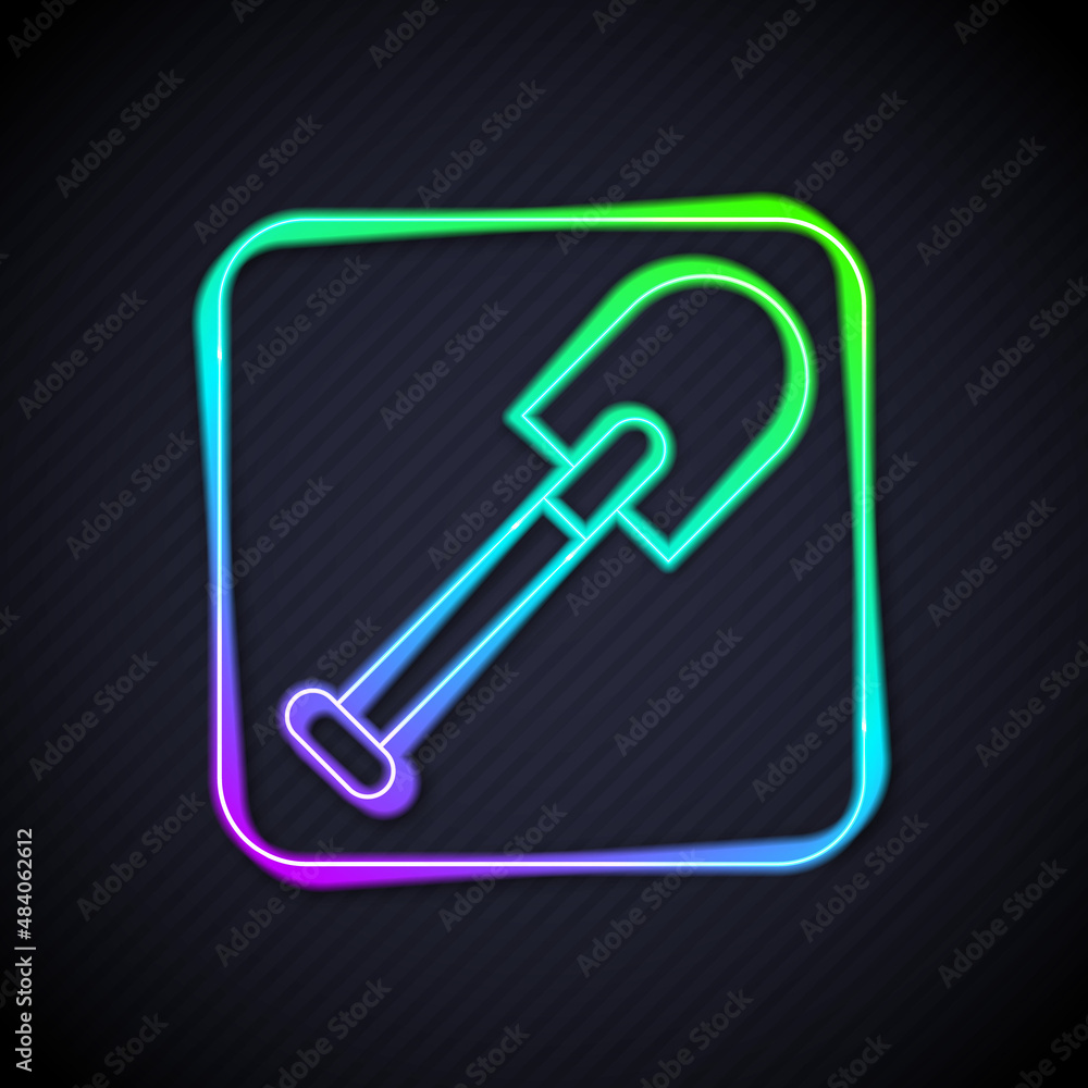 Glowing neon line Shovel icon isolated on black background. Gardening tool. Tool for horticulture, a