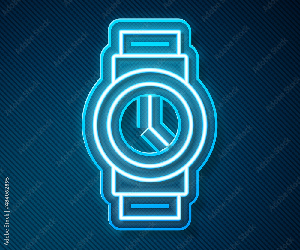 Glowing neon line Wrist watch icon isolated on blue background. Wristwatch icon. Vector