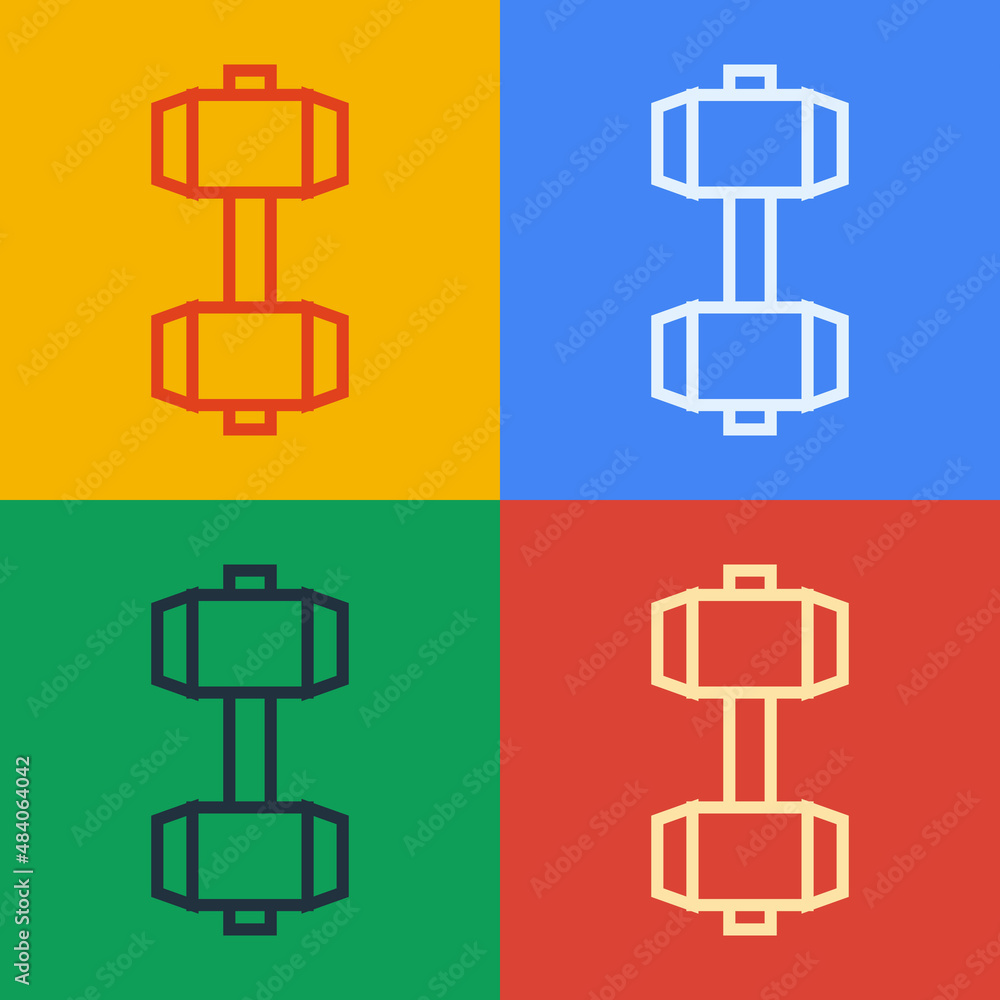 Pop art line Dumbbell icon isolated on color background. Muscle lifting, fitness barbell, sports equ