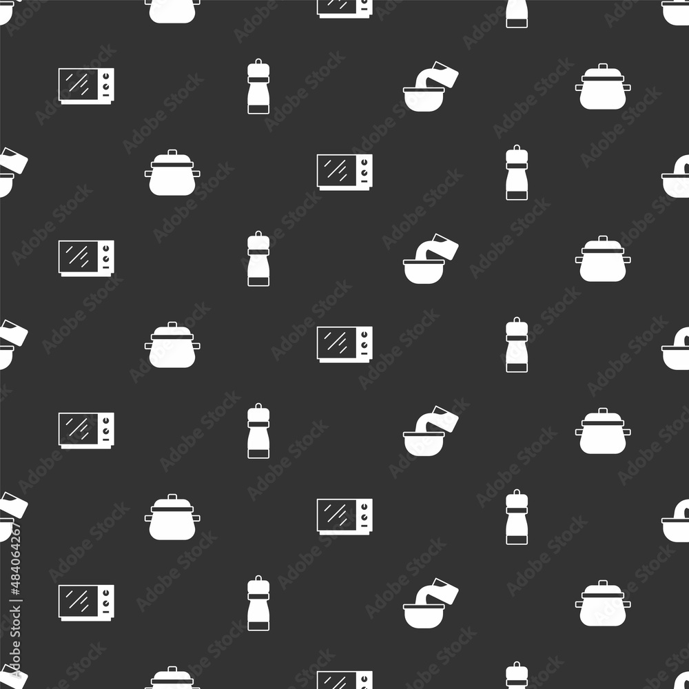 Set Saucepan, Cooking pot, Microwave oven and Pepper on seamless pattern. Vector