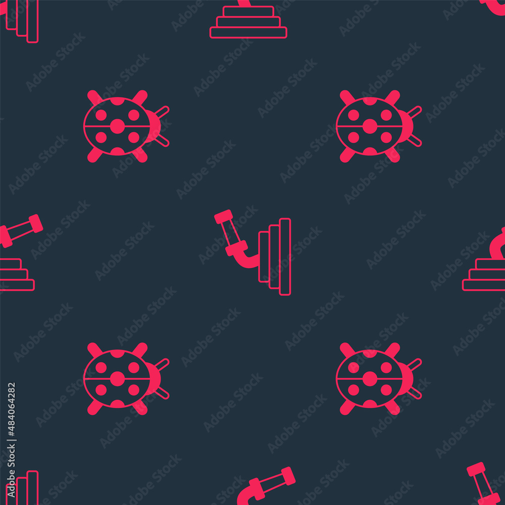 Set Ladybug and Garden hose on seamless pattern. Vector