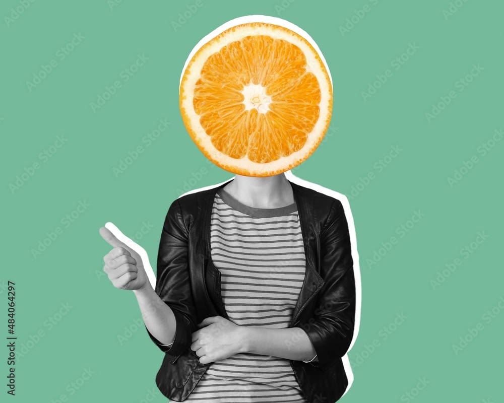 Citrus health care. Contemporary art collage of woman with lemon slice head. Concept of art