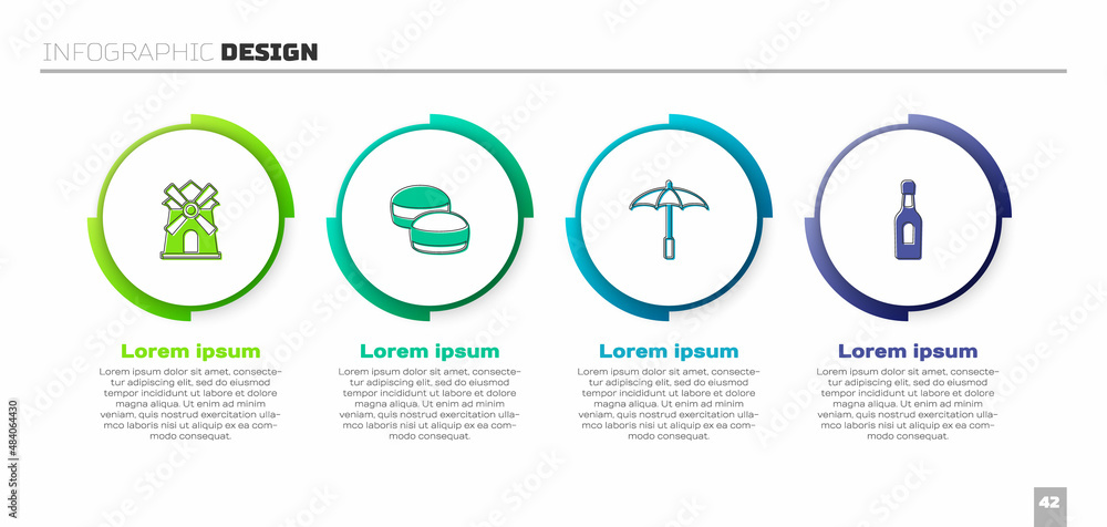 设置风车、马卡龙饼干、沙滩雨伞和香槟瓶。商业信息图模板