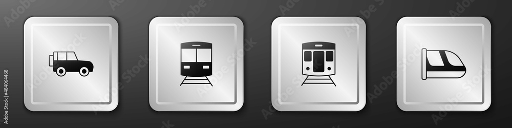 Set Off road car, Train and railway, and icon. Silver square button. Vector