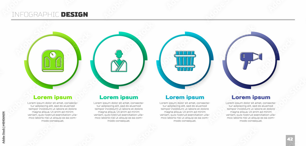 设置浴室秤、桑拿房、桑拿桶和吹风机。商业信息图模板.V