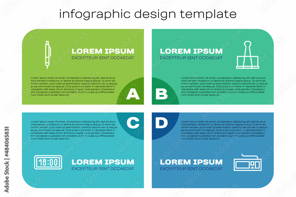 Set line Digital alarm clock, Pen, Keyboard and Binder clip. Business infographic template. Vector