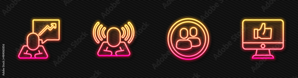 Set line Project team base, Team leader, Head hunting and Hand like. Glowing neon icon. Vector