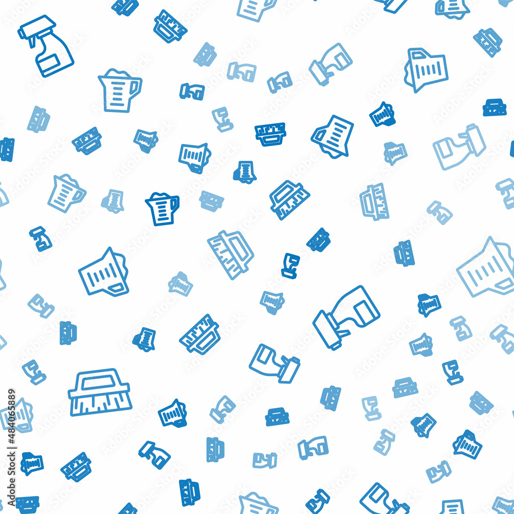 Set line Brush for cleaning, Cleaning spray bottle and Washing powder on seamless pattern. Vector