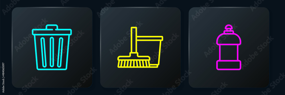 Set line Trash can, Bottle for cleaning agent and Mop and bucket. Black square button. Vector