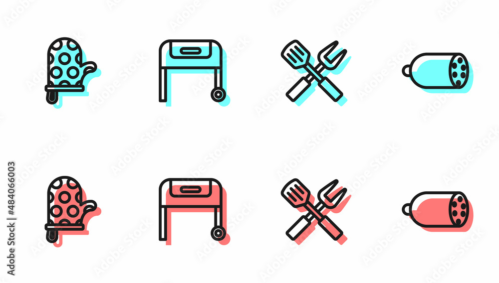 Set line Crossed fork and spatula, Oven glove, Barbecue grill and Salami sausage icon. Vector