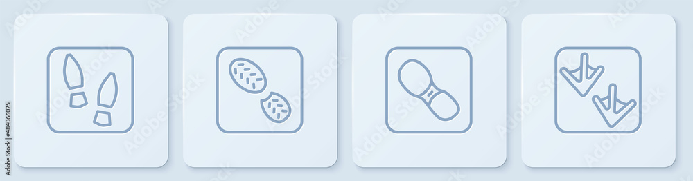 Set line Human footprints shoes, , and Goose paw. White square button. Vector