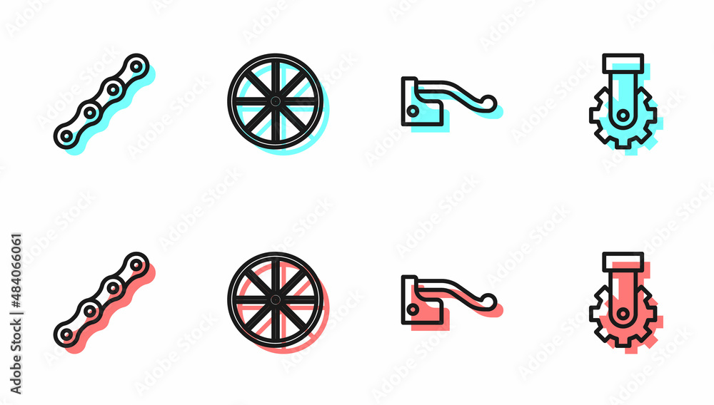 Set line Bicycle brake, chain, wheel and Derailleur bicycle rear icon. Vector