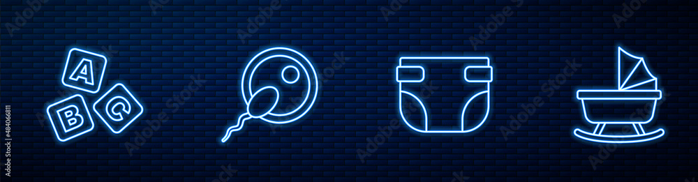 Set line Baby diaper, ABC blocks, Sperm and stroller. Glowing neon icon on brick wall. Vector