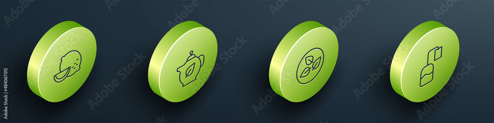 Set Isometric line Lemon, Teapot with leaf, and bag icon. Vector