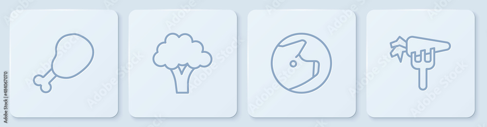 Set line Chicken leg, Pig, Broccoli and Carrot. White square button. Vector