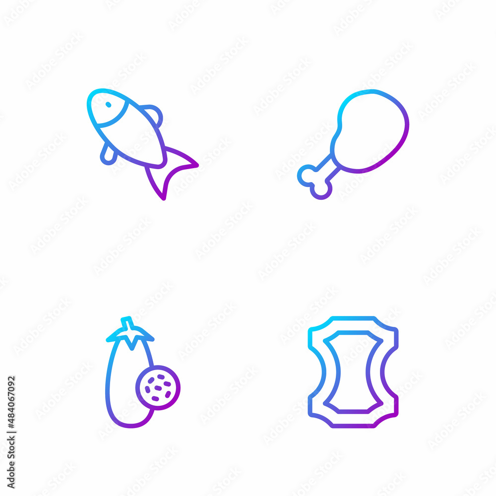 Set line Leather, Eggplant, Fish and Chicken leg. Gradient color icons. Vector