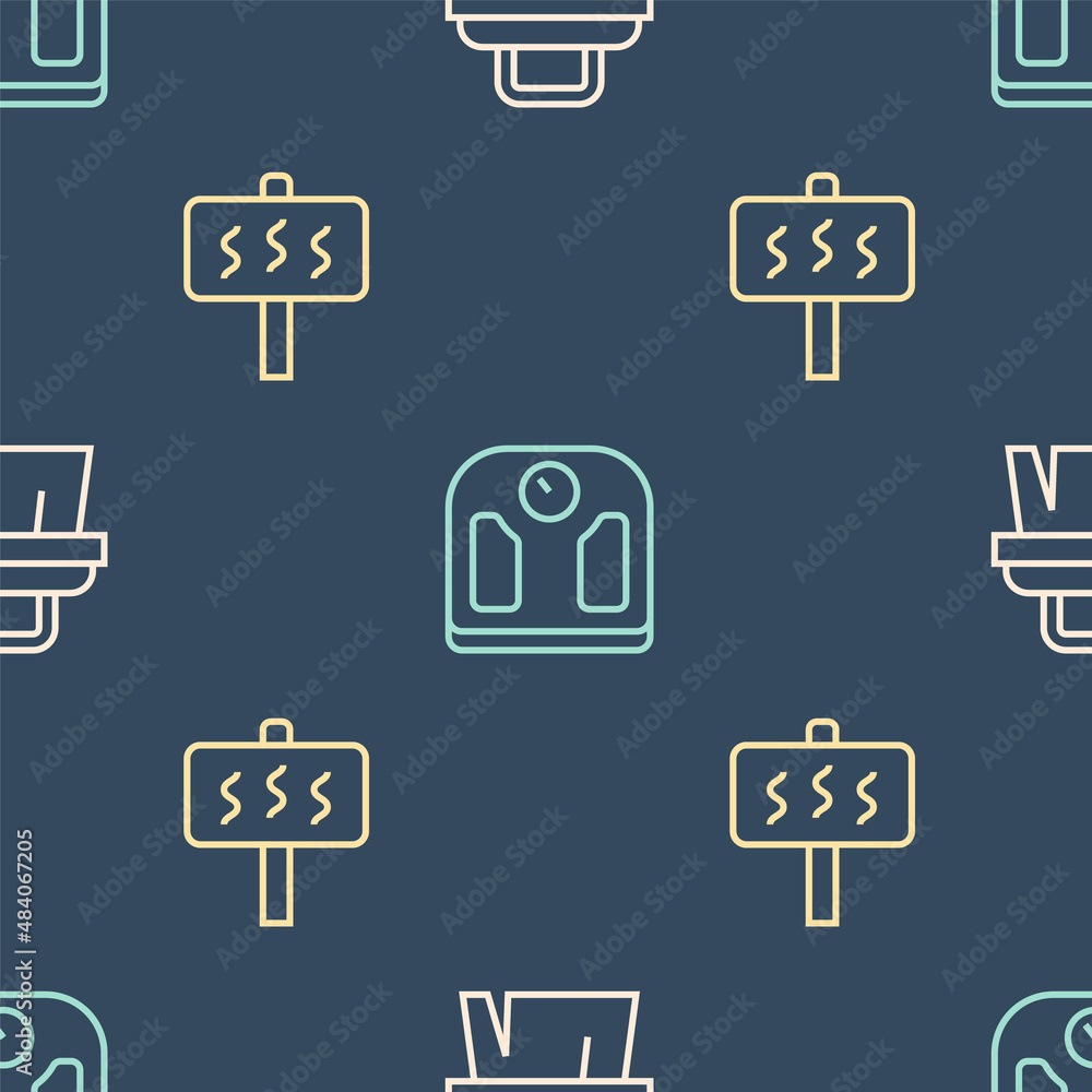 Set line Sauna brush, and Bathroom scales on seamless pattern. Vector