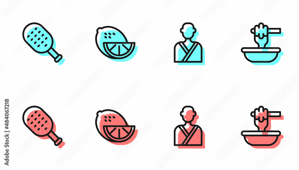 Set line Man in the sauna, Sauna brush, Lemon and Honey dipper stick with bowl icon. Vector