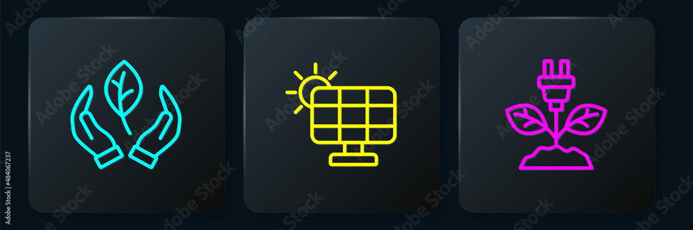 Set line Leaf in hand, Electric saving plug leaf and Solar energy panel. Black square button. Vector