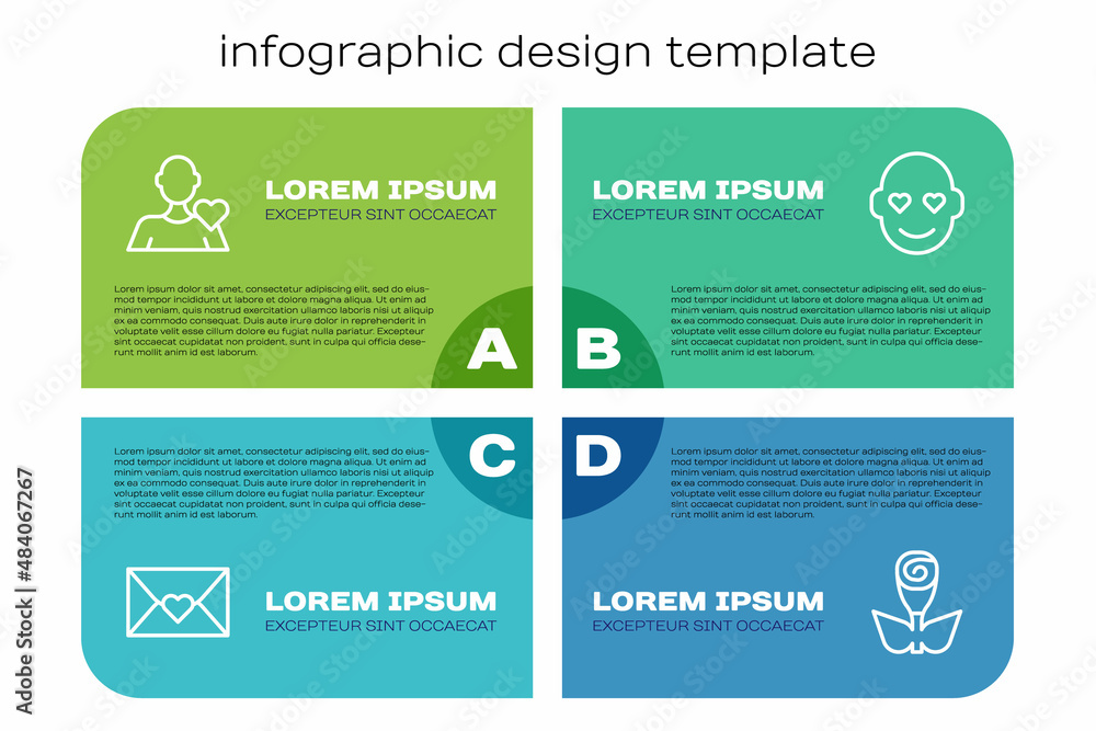 Set line Envelope with Valentine heart, Romantic man, Flower rose and . Business infographic templat