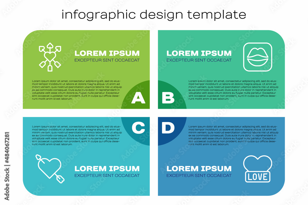 Set line Amour with heart and arrow, Heart and Smiling lips. Business infographic template. Vector