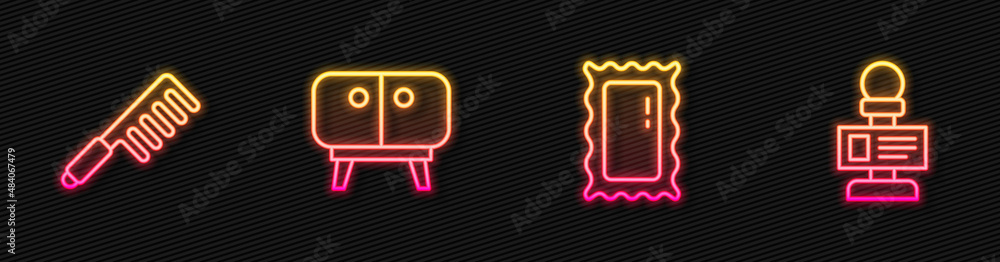 Set line Big full length mirror, Hairbrush, TV table stand and Microphone. Glowing neon icon. Vector