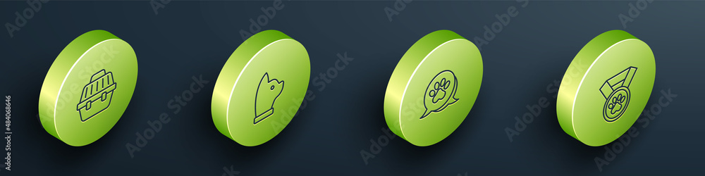 Set Isometric line Pet carry case, Cat, Paw print and award symbol icon. Vector