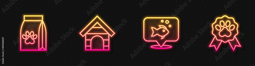 Set line Fish, Bag of food for pet, Dog house and Pet award symbol. Glowing neon icon. Vector